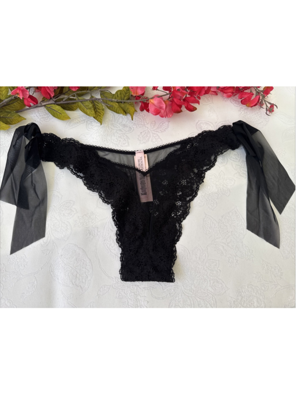 VICTORIA'S SECRET S BLACK DREAM ANGELS SIDE TIE BRAZILIAN THONG PANTIES NWT